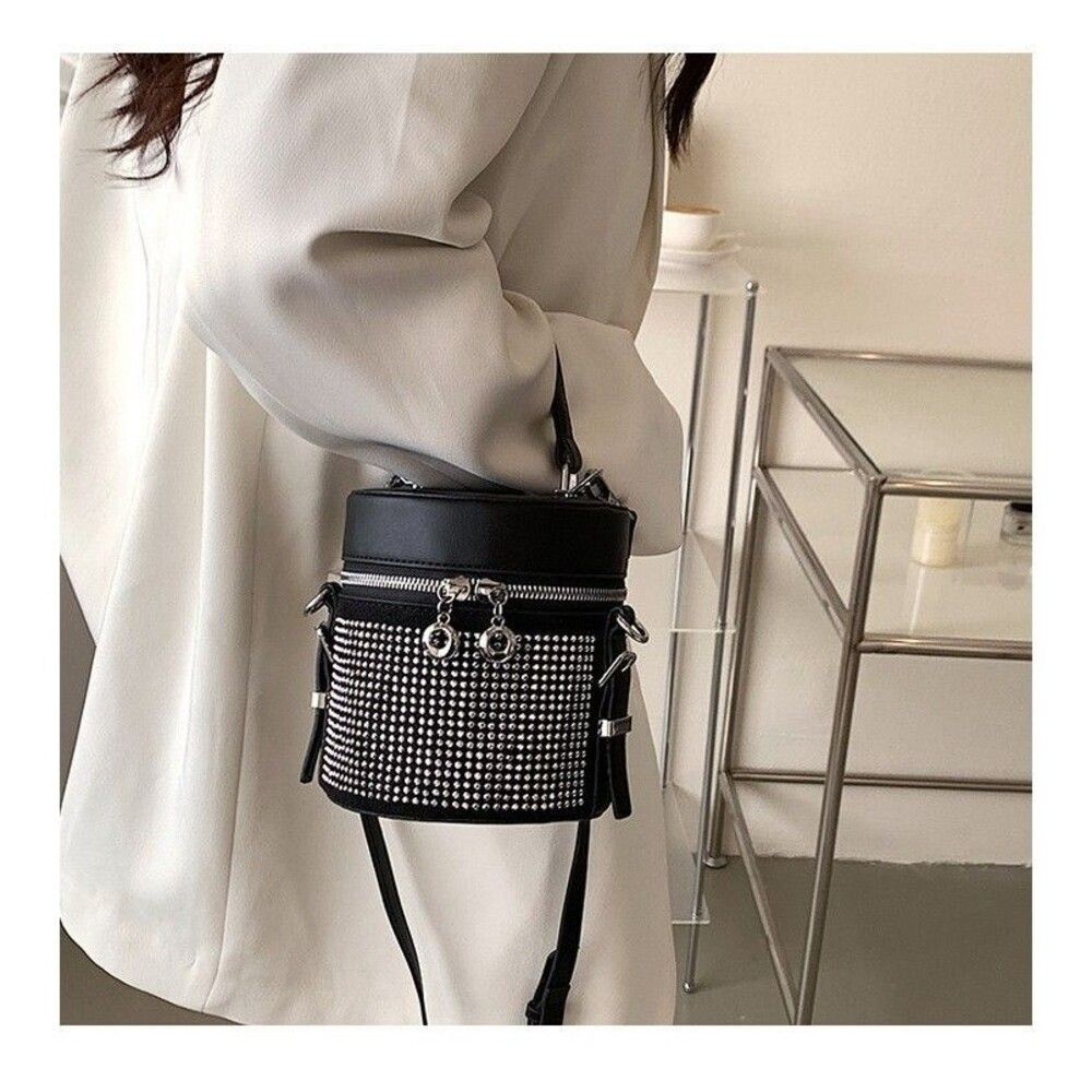 Women's Black Rhinestone Bucket Satchel Crossbody Handbag - Picture 6 of 7